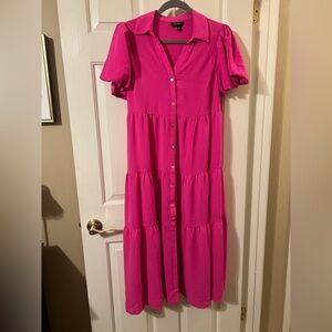 NWOT Women’s MSK Barbie Pink Button Down Tiered Maxi Dress Size Small